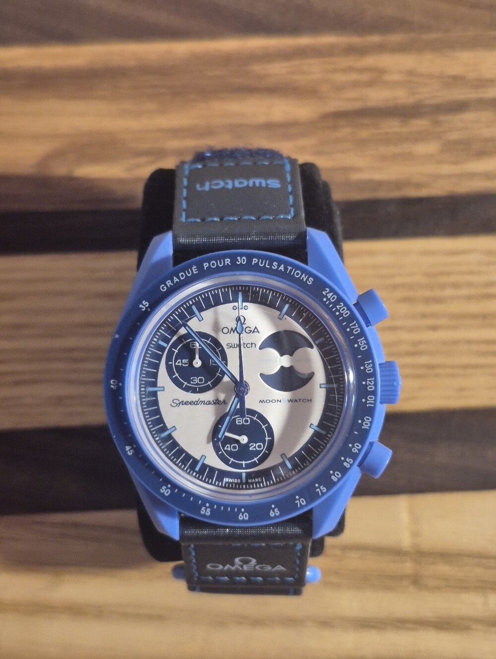 Omega Blue and Cream Moonphase Chronograph on Black Strap